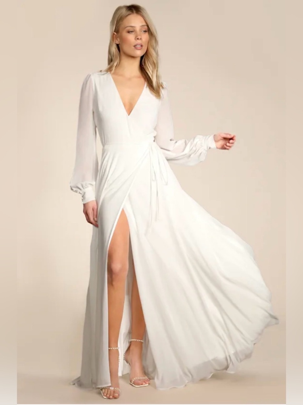 NWT Lulus White Wrap Maxi Dress with Long Sheer Sleeves Wedding Bridal Large